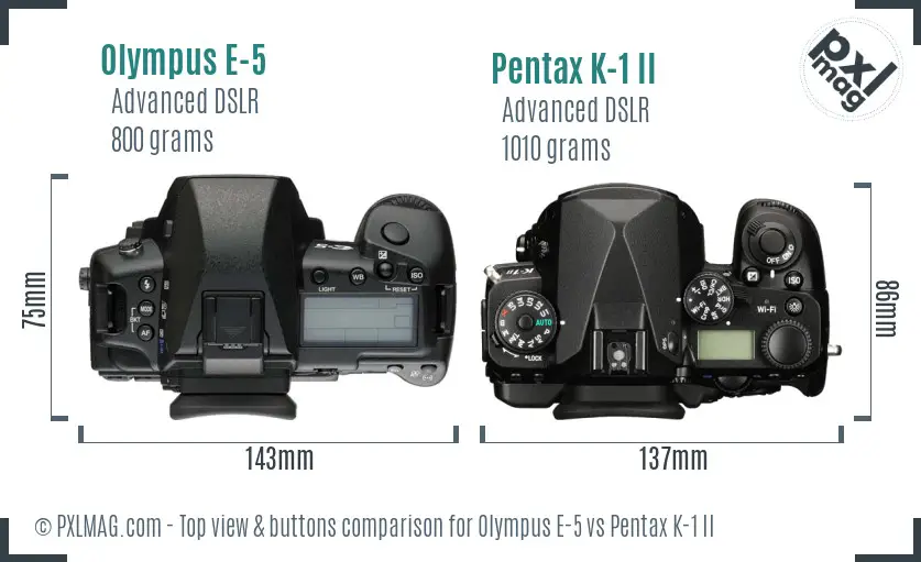 Olympus E-5 vs Pentax K-1 II top view buttons comparison