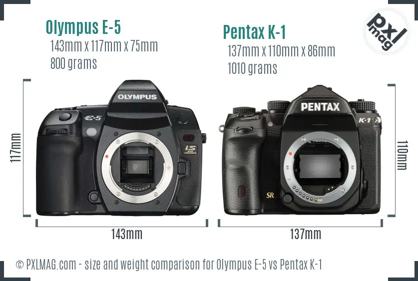 Olympus E-5 vs Pentax K-1 size comparison