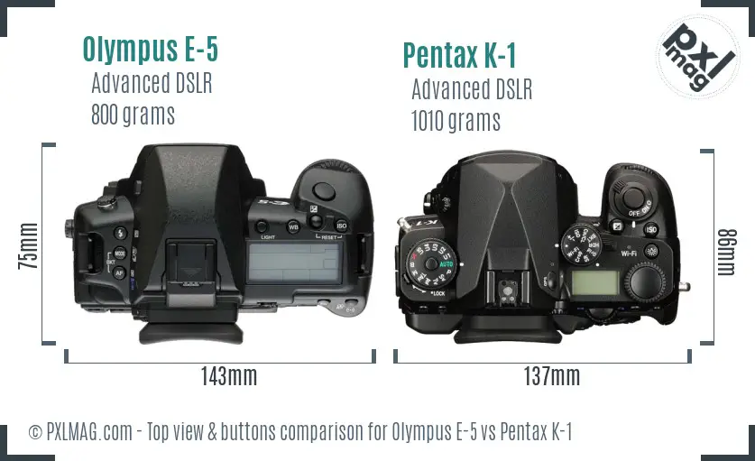 Olympus E-5 vs Pentax K-1 top view buttons comparison
