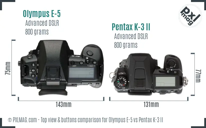 Olympus E-5 vs Pentax K-3 II top view buttons comparison