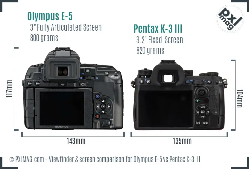 Olympus E-5 vs Pentax K-3 III Screen and Viewfinder comparison