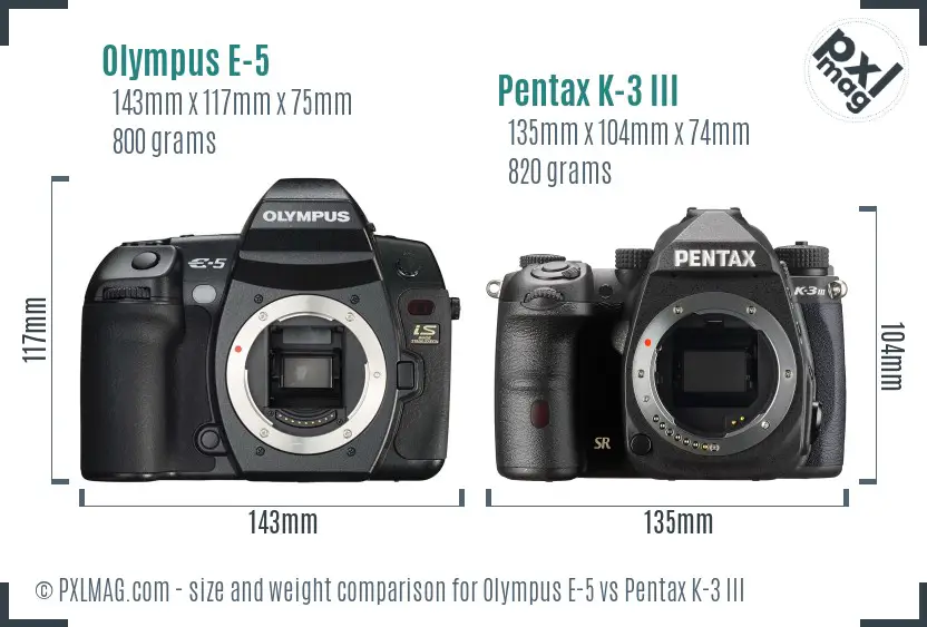 Olympus E-5 vs Pentax K-3 III size comparison