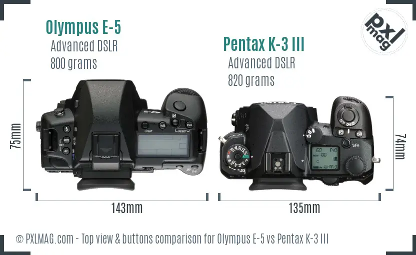 Olympus E-5 vs Pentax K-3 III top view buttons comparison