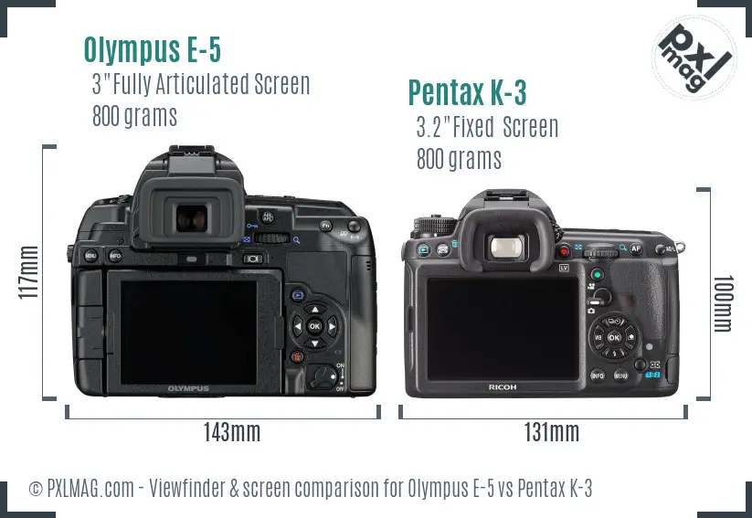 Olympus E-5 vs Pentax K-3 Screen and Viewfinder comparison