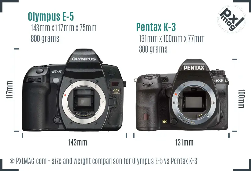 Olympus E-5 vs Pentax K-3 size comparison