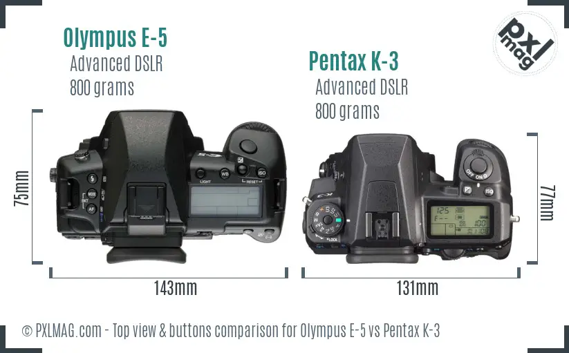 Olympus E-5 vs Pentax K-3 top view buttons comparison