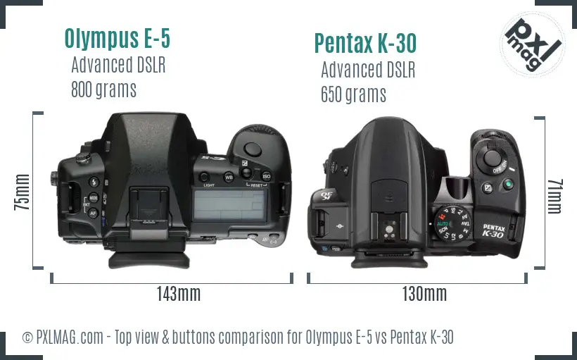 Olympus E-5 vs Pentax K-30 top view buttons comparison