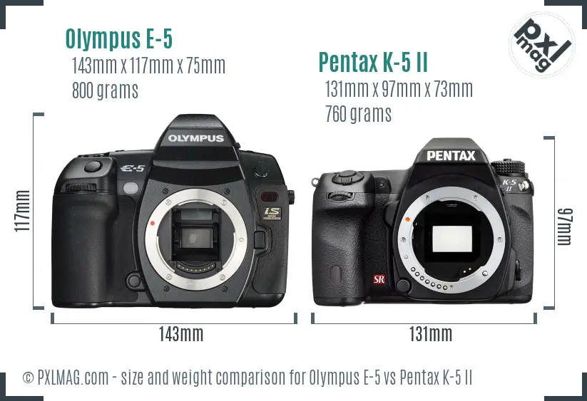 Olympus E-5 vs Pentax K-5 II size comparison