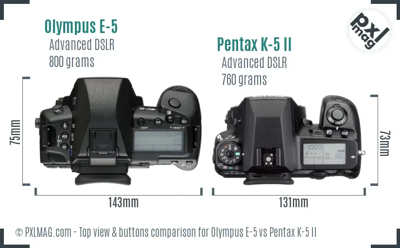 Olympus E-5 vs Pentax K-5 II top view buttons comparison