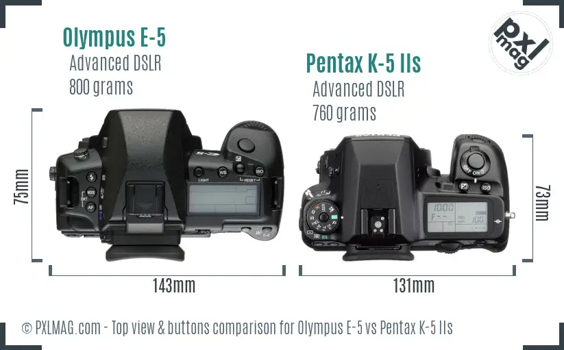 Olympus E-5 vs Pentax K-5 IIs top view buttons comparison