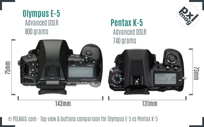 Olympus E-5 vs Pentax K-5 top view buttons comparison