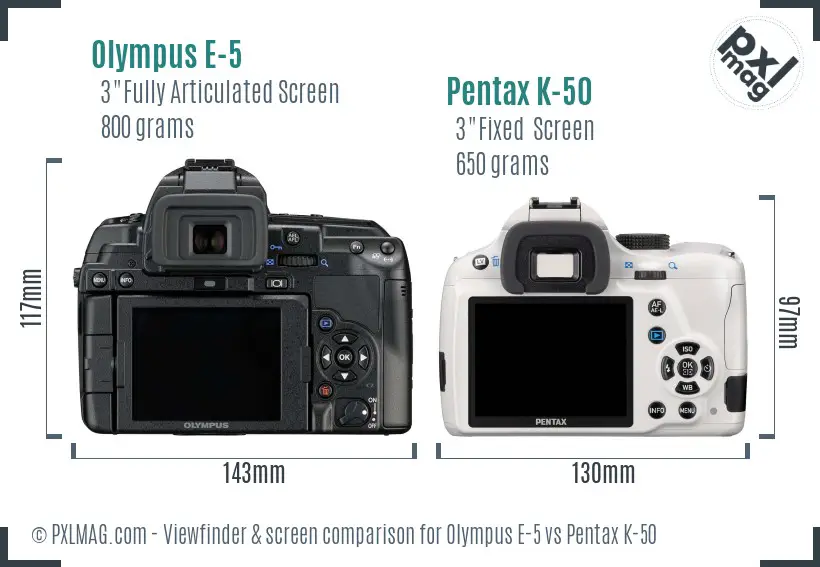 Olympus E-5 vs Pentax K-50 Screen and Viewfinder comparison