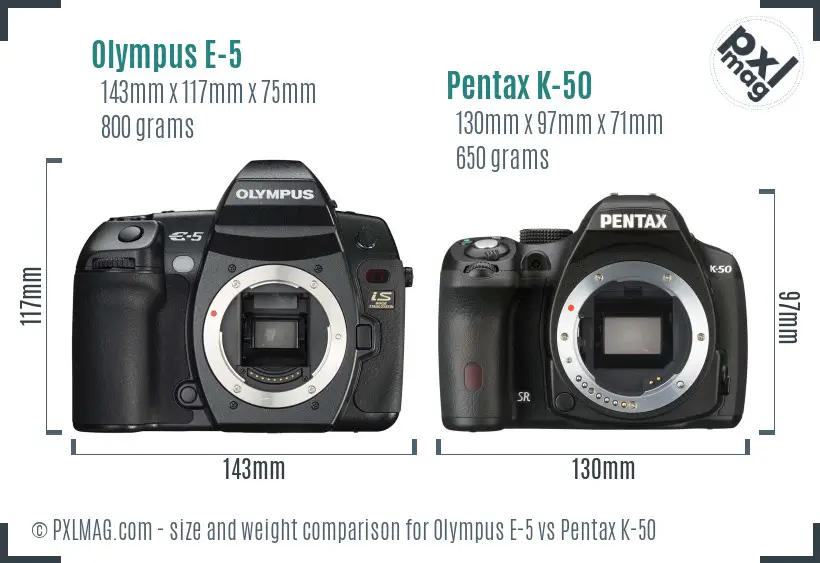 Olympus E-5 vs Pentax K-50 size comparison