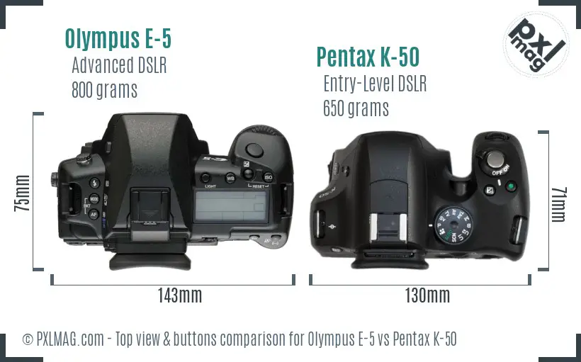 Olympus E-5 vs Pentax K-50 top view buttons comparison