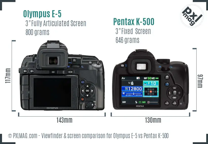 Olympus E-5 vs Pentax K-500 Screen and Viewfinder comparison