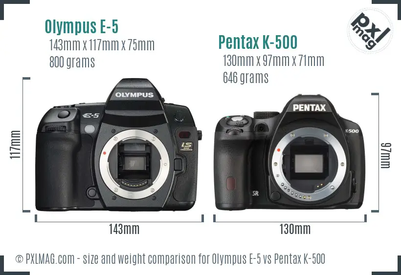 Olympus E-5 vs Pentax K-500 size comparison