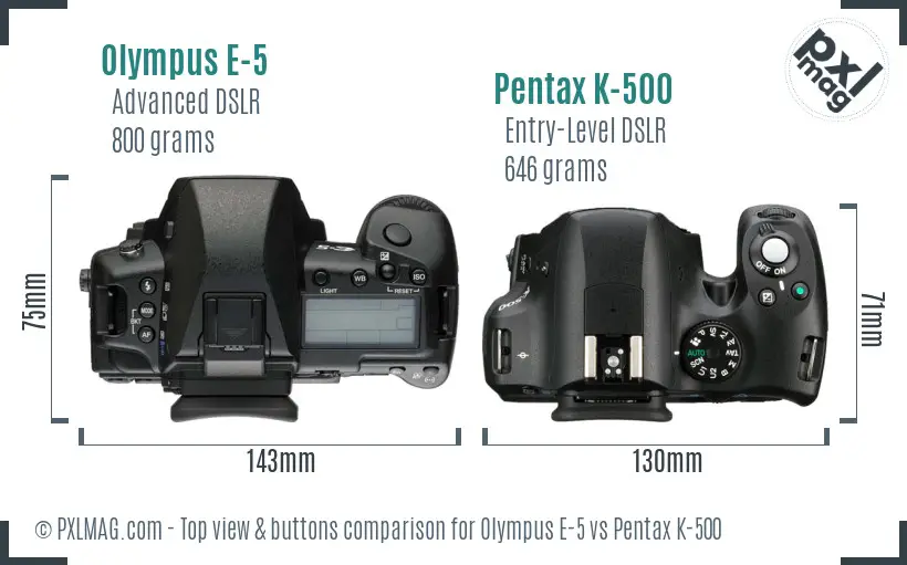 Olympus E-5 vs Pentax K-500 top view buttons comparison