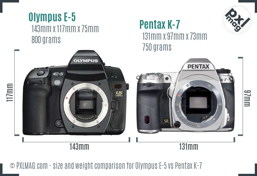 Olympus E-5 vs Pentax K-7 size comparison