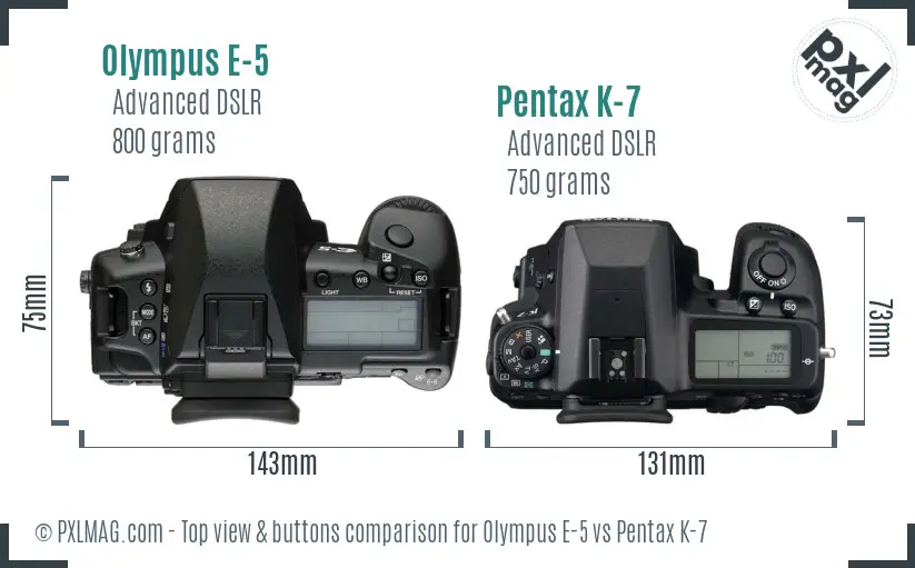 Olympus E-5 vs Pentax K-7 top view buttons comparison