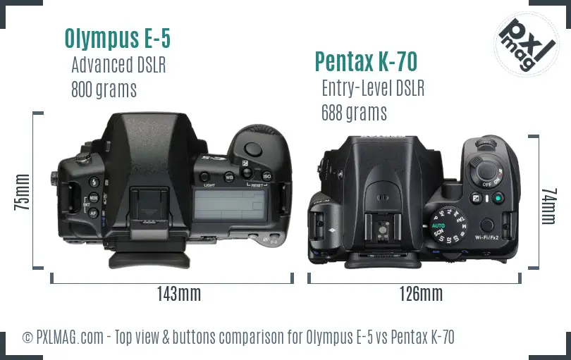 Olympus E-5 vs Pentax K-70 top view buttons comparison