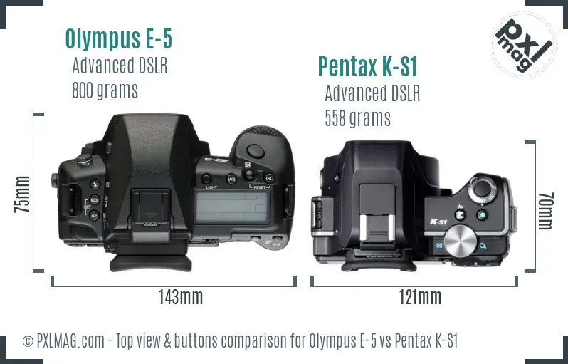 Olympus E-5 vs Pentax K-S1 top view buttons comparison