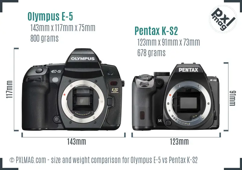 Olympus E-5 vs Pentax K-S2 size comparison