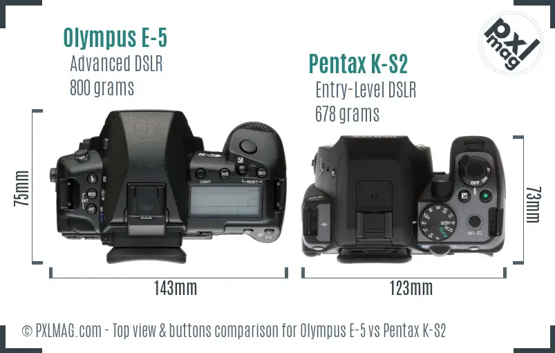 Olympus E-5 vs Pentax K-S2 top view buttons comparison
