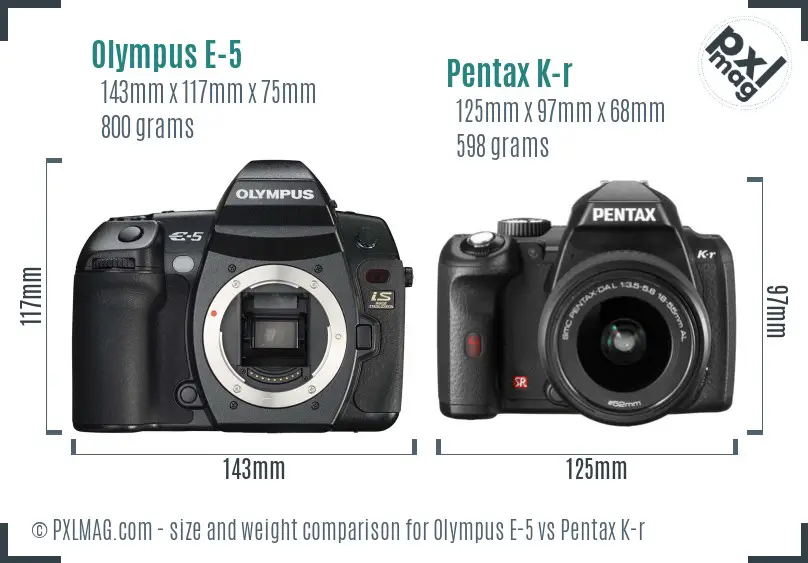 Olympus E-5 vs Pentax K-r size comparison