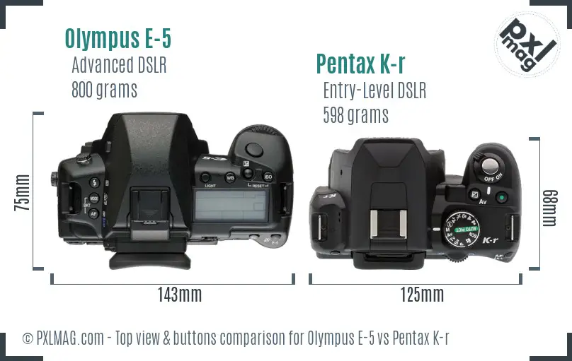 Olympus E-5 vs Pentax K-r top view buttons comparison
