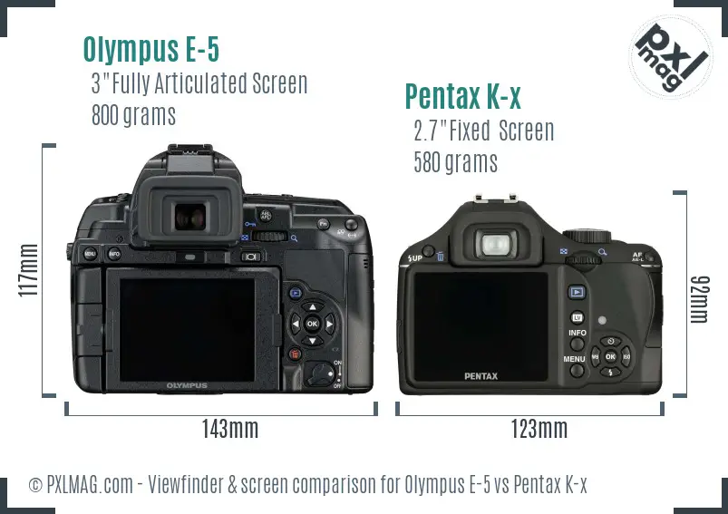 Olympus E-5 vs Pentax K-x Screen and Viewfinder comparison