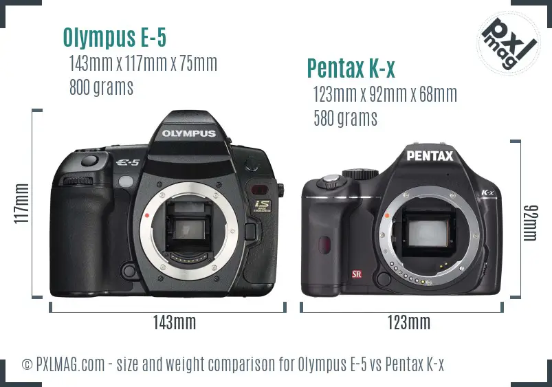 Olympus E-5 vs Pentax K-x size comparison
