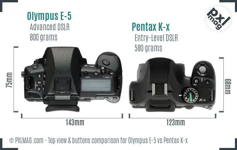 Olympus E-5 vs Pentax K-x top view buttons comparison
