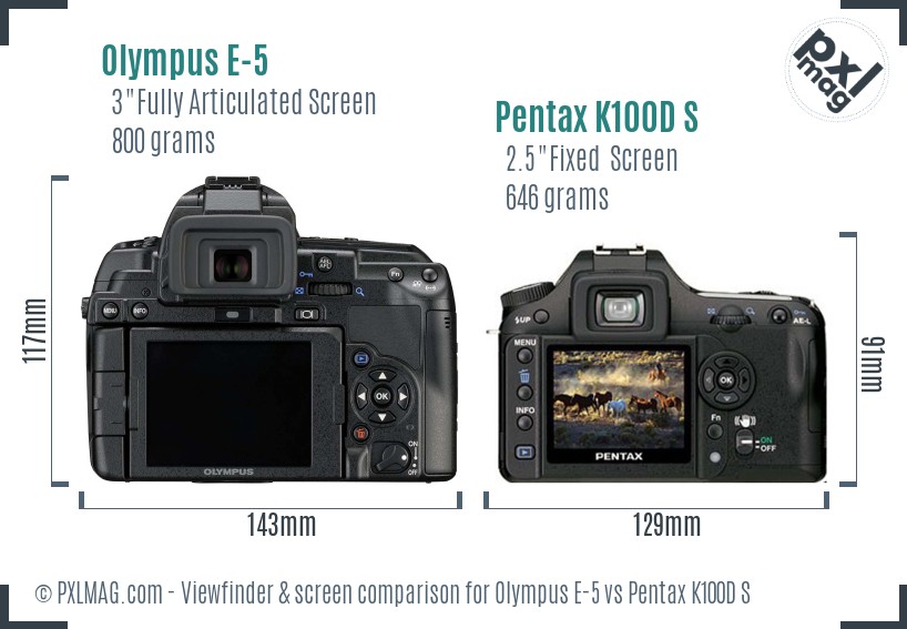 Olympus E-5 vs Pentax K100D S Screen and Viewfinder comparison