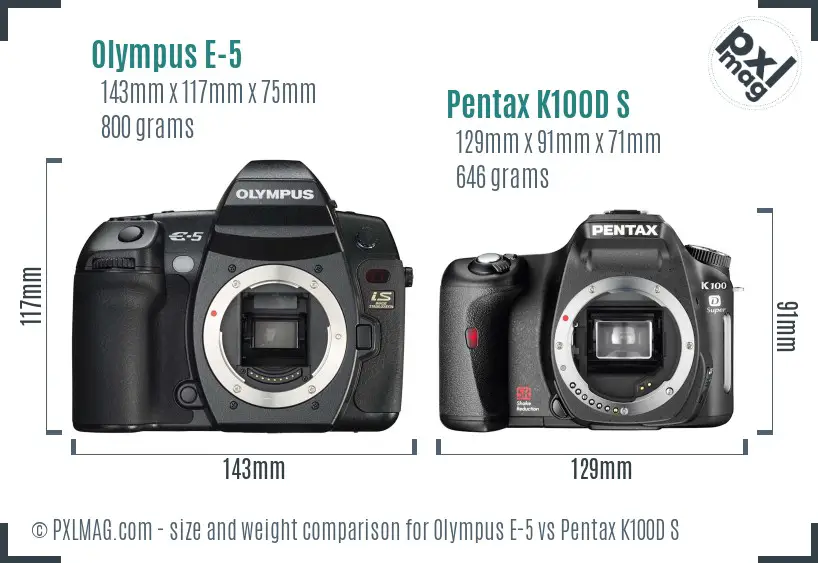 Olympus E-5 vs Pentax K100D S size comparison
