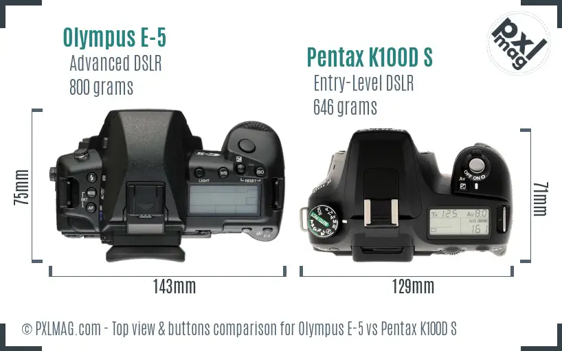 Olympus E-5 vs Pentax K100D S top view buttons comparison