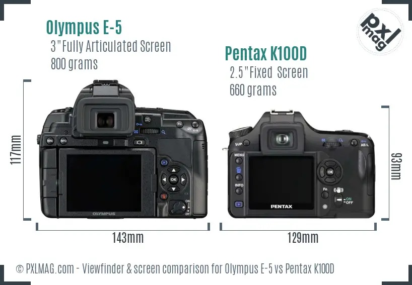 Olympus E-5 vs Pentax K100D Screen and Viewfinder comparison