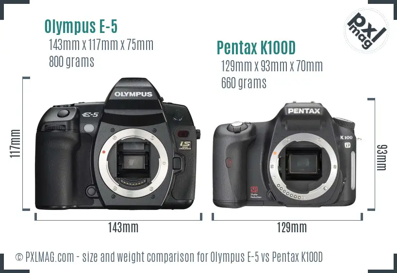 Olympus E-5 vs Pentax K100D size comparison