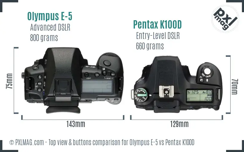 Olympus E-5 vs Pentax K100D top view buttons comparison