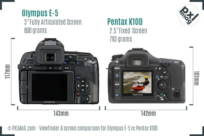 Olympus E-5 vs Pentax K10D Screen and Viewfinder comparison
