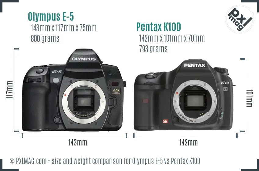 Olympus E-5 vs Pentax K10D size comparison