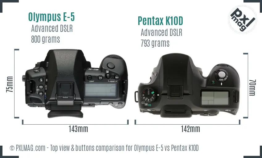 Olympus E-5 vs Pentax K10D top view buttons comparison