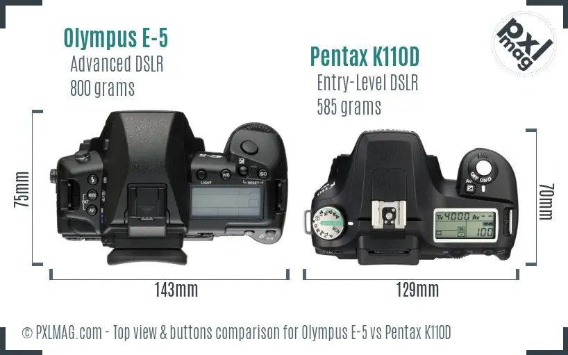 Olympus E-5 vs Pentax K110D top view buttons comparison