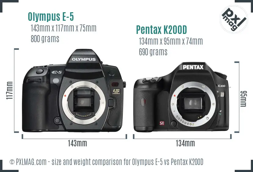 Olympus E-5 vs Pentax K200D size comparison