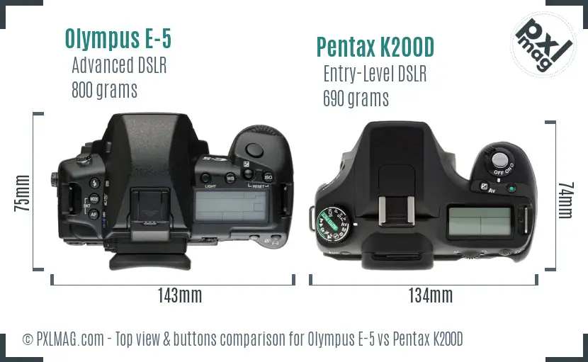 Olympus E-5 vs Pentax K200D top view buttons comparison