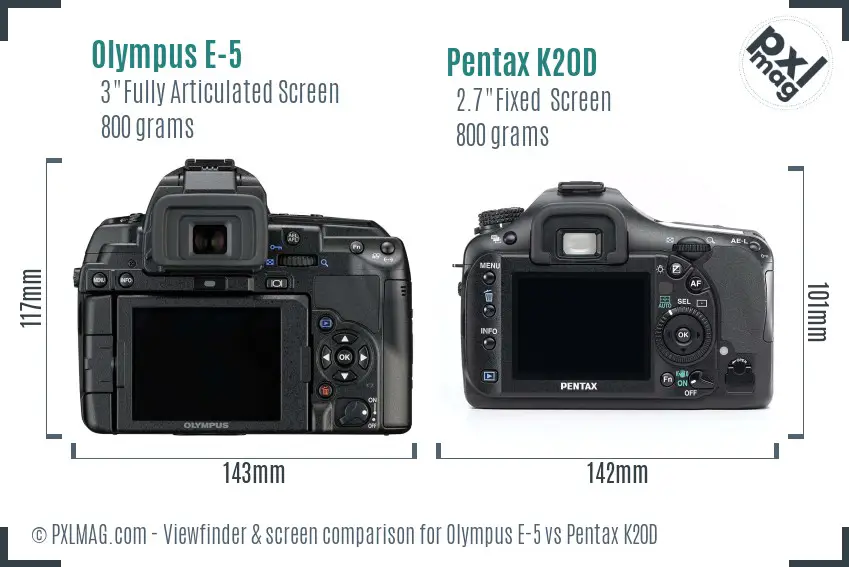 Olympus E-5 vs Pentax K20D Screen and Viewfinder comparison