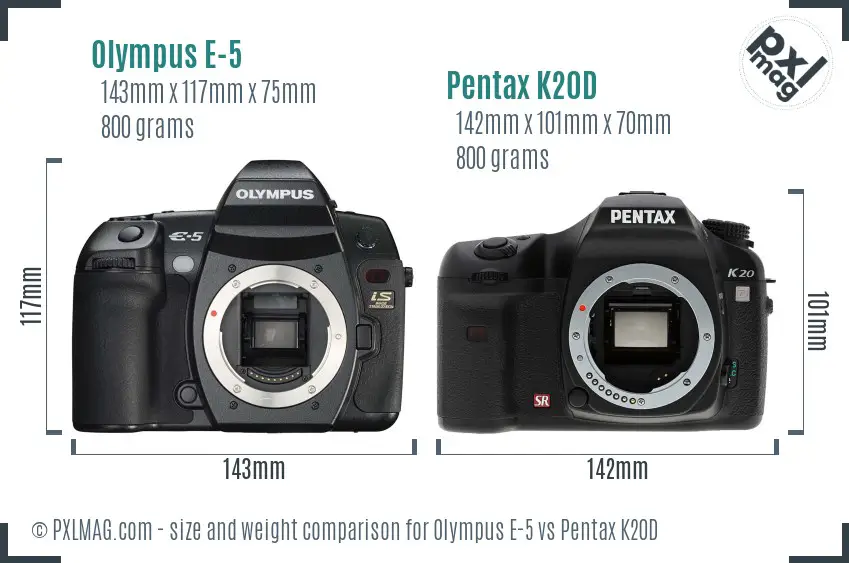 Olympus E-5 vs Pentax K20D size comparison