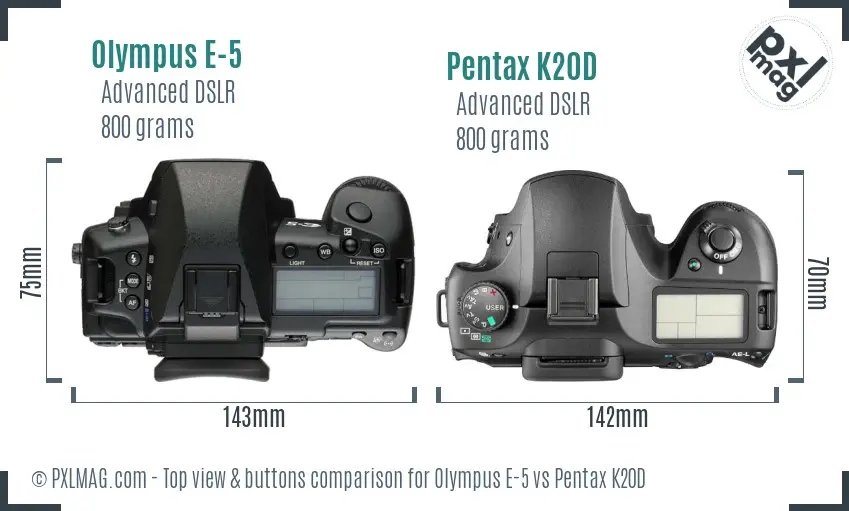 Olympus E-5 vs Pentax K20D top view buttons comparison