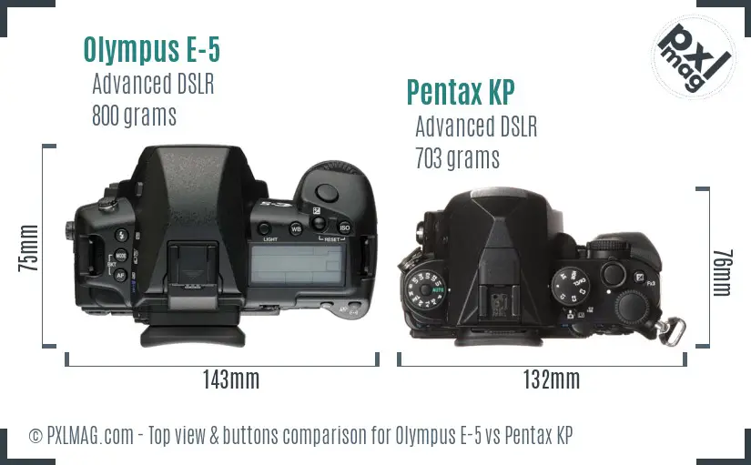 Olympus E-5 vs Pentax KP top view buttons comparison