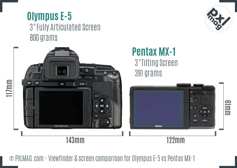 Olympus E-5 vs Pentax MX-1 Screen and Viewfinder comparison