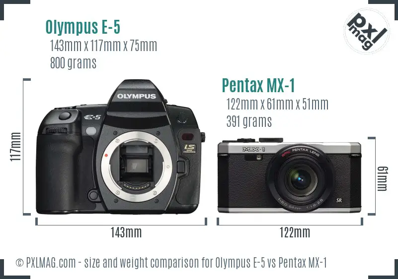 Olympus E-5 vs Pentax MX-1 size comparison